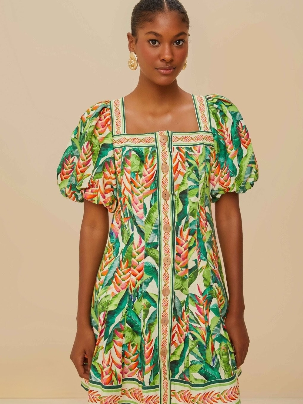 Farm Rio Heli Leaves Pearl Mini Dress Basic Sleeved S